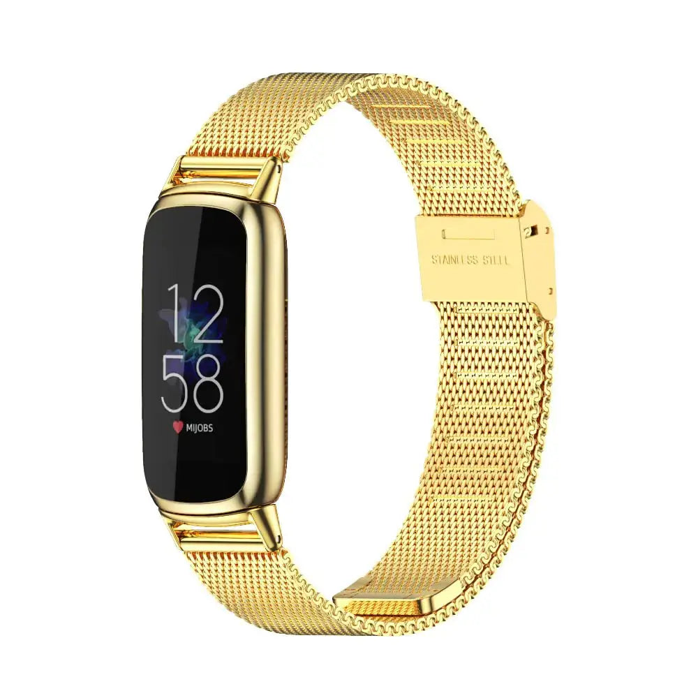 MIJOBS metal band compatible with Fitbit Luxe in gold, featuring a sleek stainless steel mesh design.