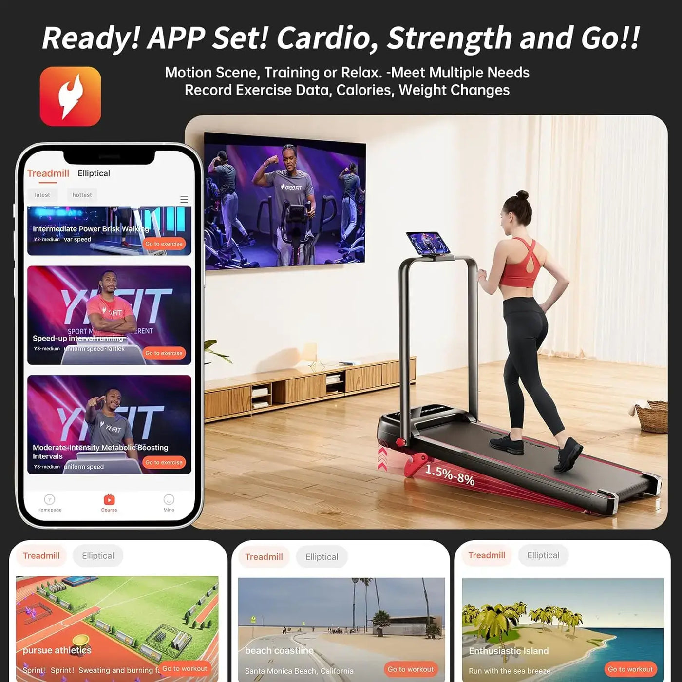 Foldable Treadmill, Walking Pad with Handle Bar 3 Level Incline, 300 Lbs Portable Treadmill for Home Office