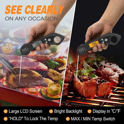 Grill Thermometer - Digital - Foldable Probe With Dual External Probe For Cooking