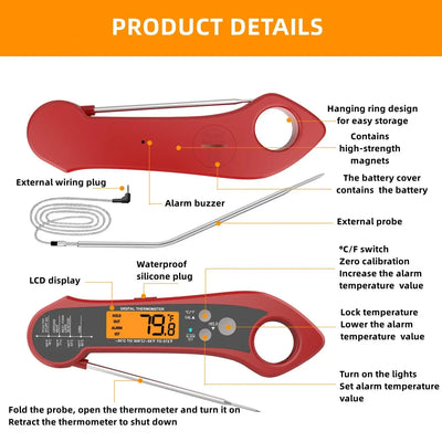Grill Thermometer - Digital - Foldable Probe With Dual External Probe For Cooking